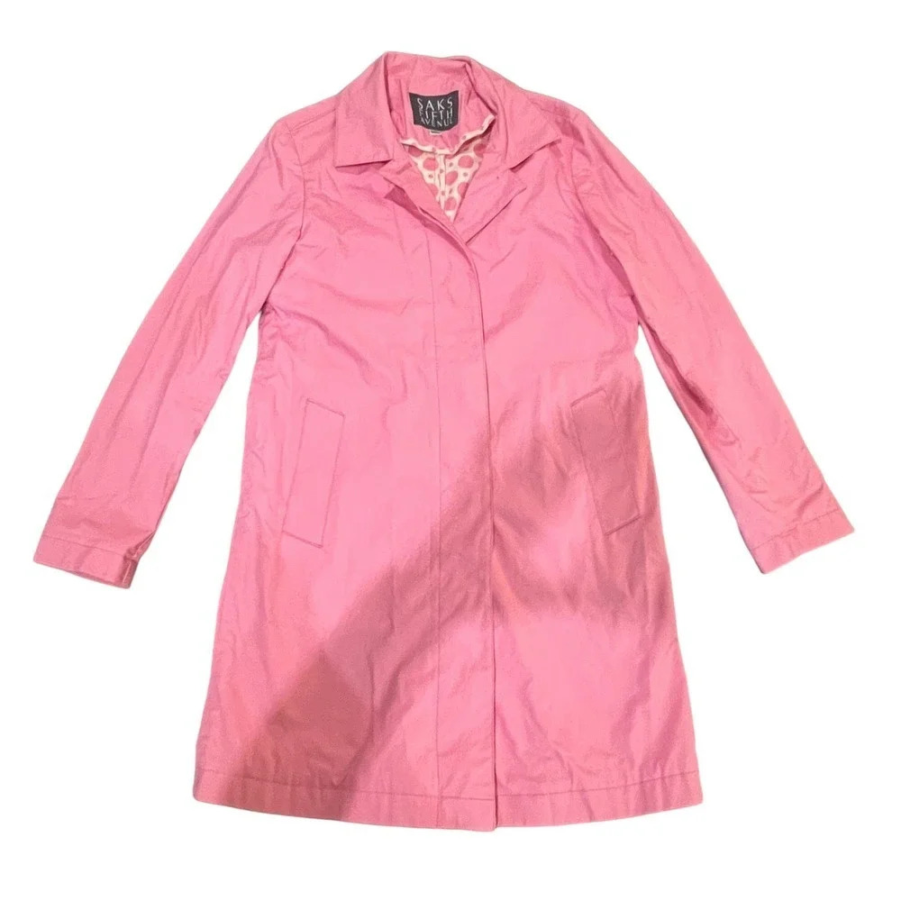 Saks Fifth Avenue Women's Medium Pink Cotton‎ Trench Coat with Polka Dot Lining